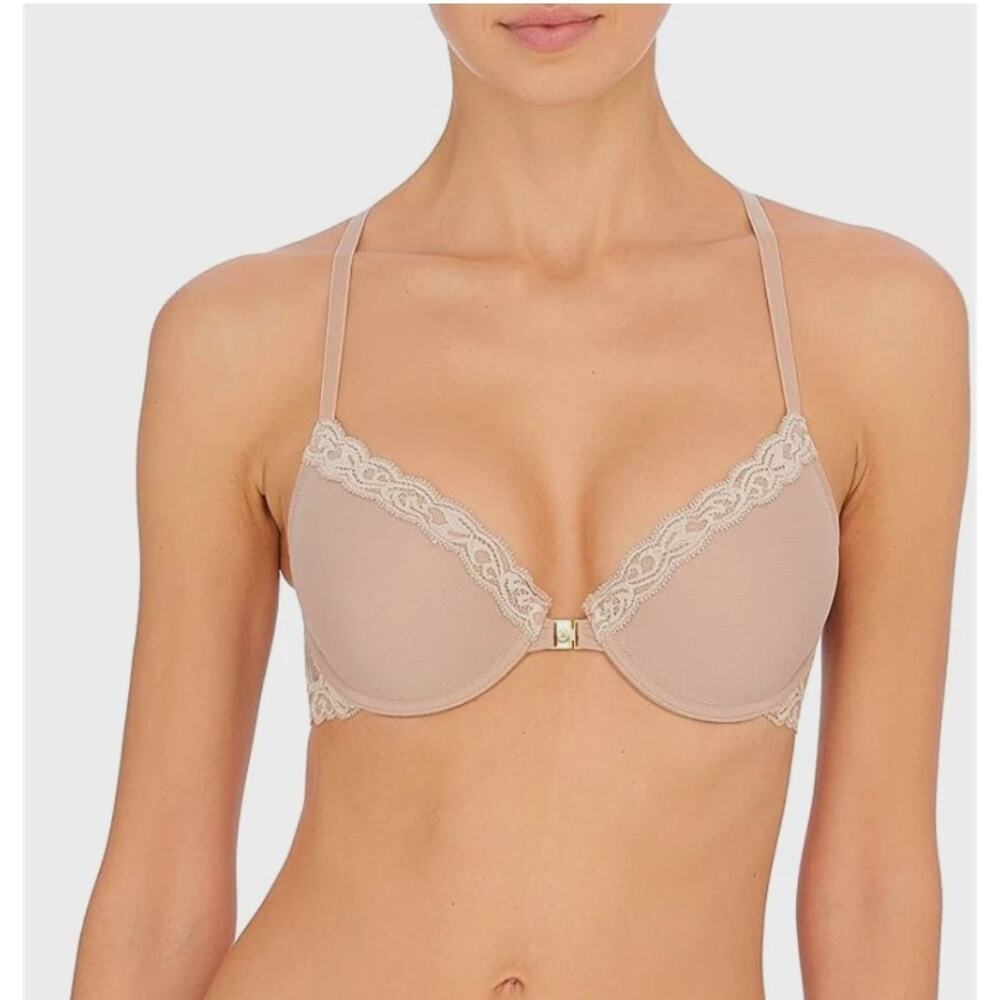 Natori Bra Womens 32 D Beige Feathers Plunge Front Close T-Shirt 735023 Cafe